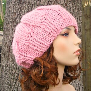 Chunky Knit Hat, Womens Hat, Mens Hat, Winter Hat, Knit Cap, Knit Beanie, Slouchy Beret, Knit Beret, Urchin Beret, Blossom Pink