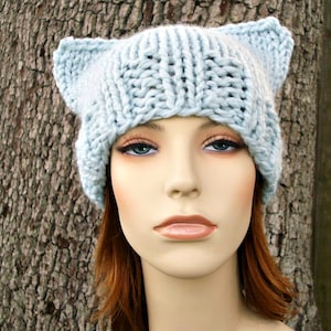 Chunky Knit Hat, Womens Hat, Mens Hat, Winter Hat, Knit Beanie, Knit Cap, Cat Hat, Cat Beanie, Glacier Blue