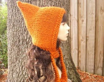 Witch Hat, Pixie Hat, Elf Hat, Chunky Knit Hat, Womens Hat, Mens Hat, Winter Hat, Fall Fashion, Pixie Hood, Pumpkin Orange