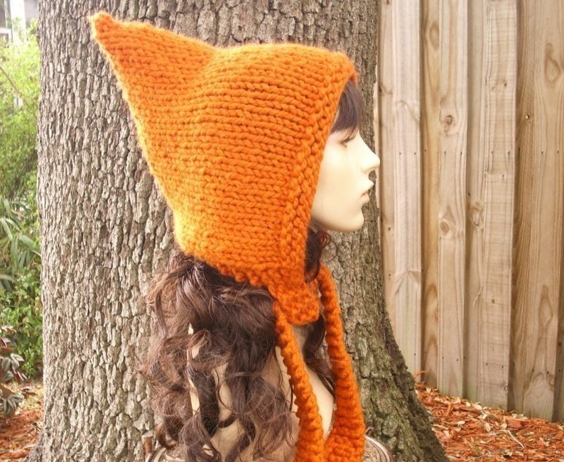 Witch Hat, Pixie Hat, Elf Hat, Chunky Knit Hat, Womens Hat, Mens Hat, Winter Hat, Fall Fashion, Pixie Hood, Pumpkin Orange image 1