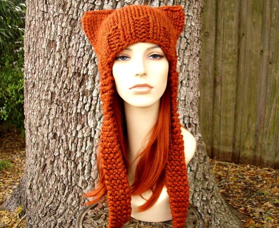 Handmade Hand Crafted Knit Ear Flap Cat Hat Adult Teen size Red Red Cat Beanie, Cat Ear Hat, Cat Ear Beanie, Red Cat Hat  main image 2