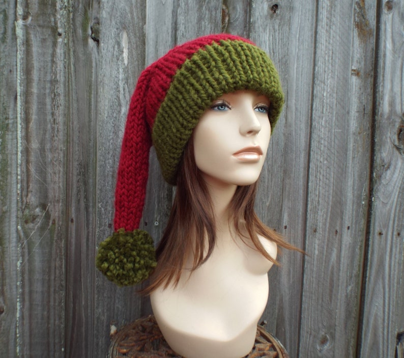 Santa Hat Christmas Hat Elf Hat Knitted Hat Knit Hat Womens Hats Winter Hat Mens Hat Adult Size Santa Claus Hat image 5