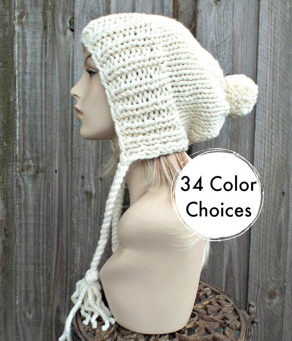 Cream Slouchy Pom Pom Hat Cream Hat Cream Beanie Slouchy Hat Etsy