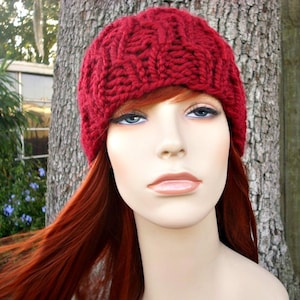 Chunky Cable Knit Hat for Men, Women and Teens Cranberry Red Fitted Winter Beanie image 3