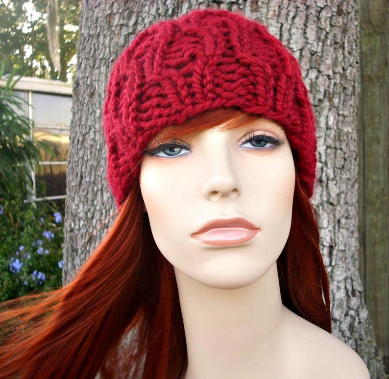 Chunky Cable Knit Hat for Men, Women and Teens Cranberry Red Fitted Winter Beanie image 3