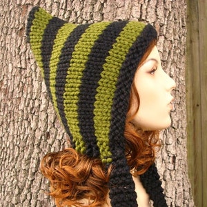 Chunky Knit Hat, Womens Hat, Mens Hat, Winter Hat, Pixie Hat, Elf Hat, Pixie Hood, Knit Hood, Black and Green image 1