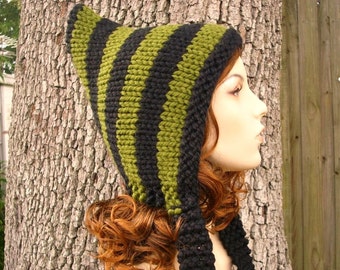Gorro de punto grueso, gorro de mujer, gorro de hombre, gorro de invierno, gorro de duendecillo, gorro de elfo, capucha de duendecillo, capucha de punto, negro y verde
