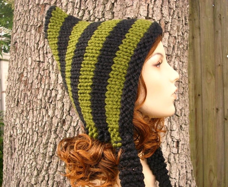 Chunky Knit Hat, Womens Hat, Mens Hat, Winter Hat, Pixie Hat, Elf Hat, Pixie Hood, Knit Hood, Black and Green image 1