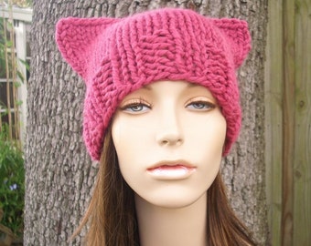 Knit Hat, Pink Pussyhat, Pink Pussy Hat, Pink Cat Hat, Ready To Ship