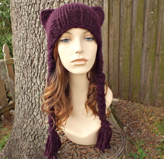 Purple Cat Ear Hat, Cat Hat, Chunky Knit Hat, Womens Hat, Mens Hat