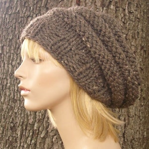 Chunky Knit Hat, Womens Hat, Mens Hat, Slouchy Beanie, Slouchy Hat, Knit Beanie, Knit Beret, Boho Hat, Oversized Beehive Beret, Barley Brown image 3