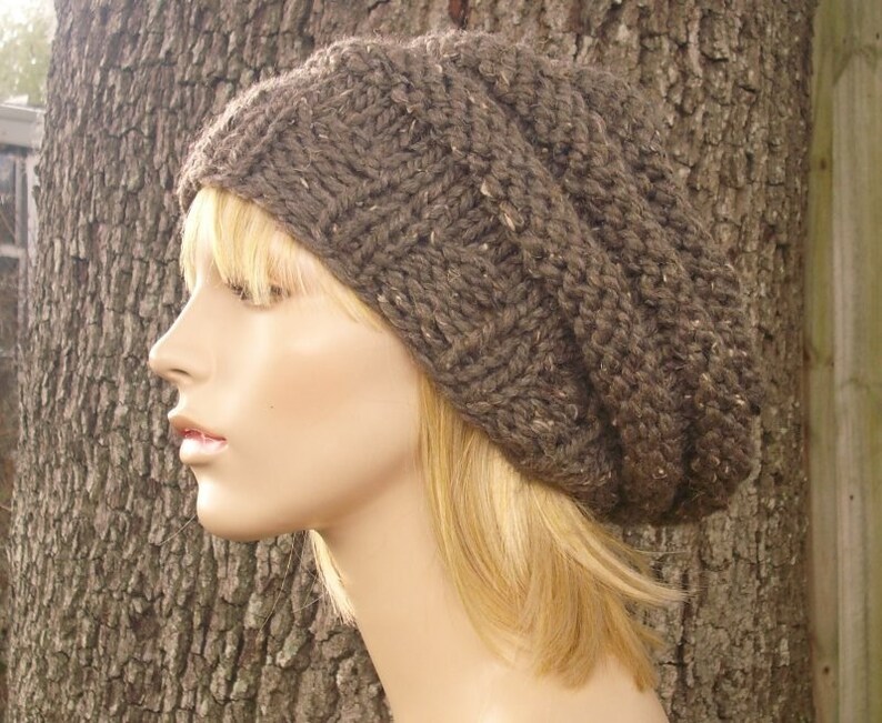 Chunky Knit Hat, Womens Hat, Mens Hat, Slouchy Beanie, Slouchy Hat, Knit Beanie, Knit Beret, Boho Hat, Oversized Beehive Beret, Barley Brown image 3