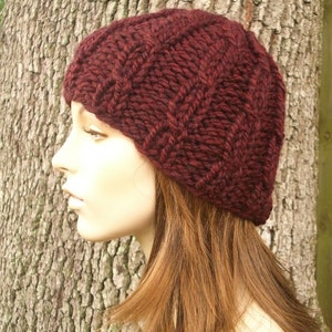 Chunky Knit Hat, Womens Hat, Mens Hat, Winter Hat, Cable Knit Hat, Knit Cap, Knit Beanie, Fitted Hat, Cable Beanie, Burgundy