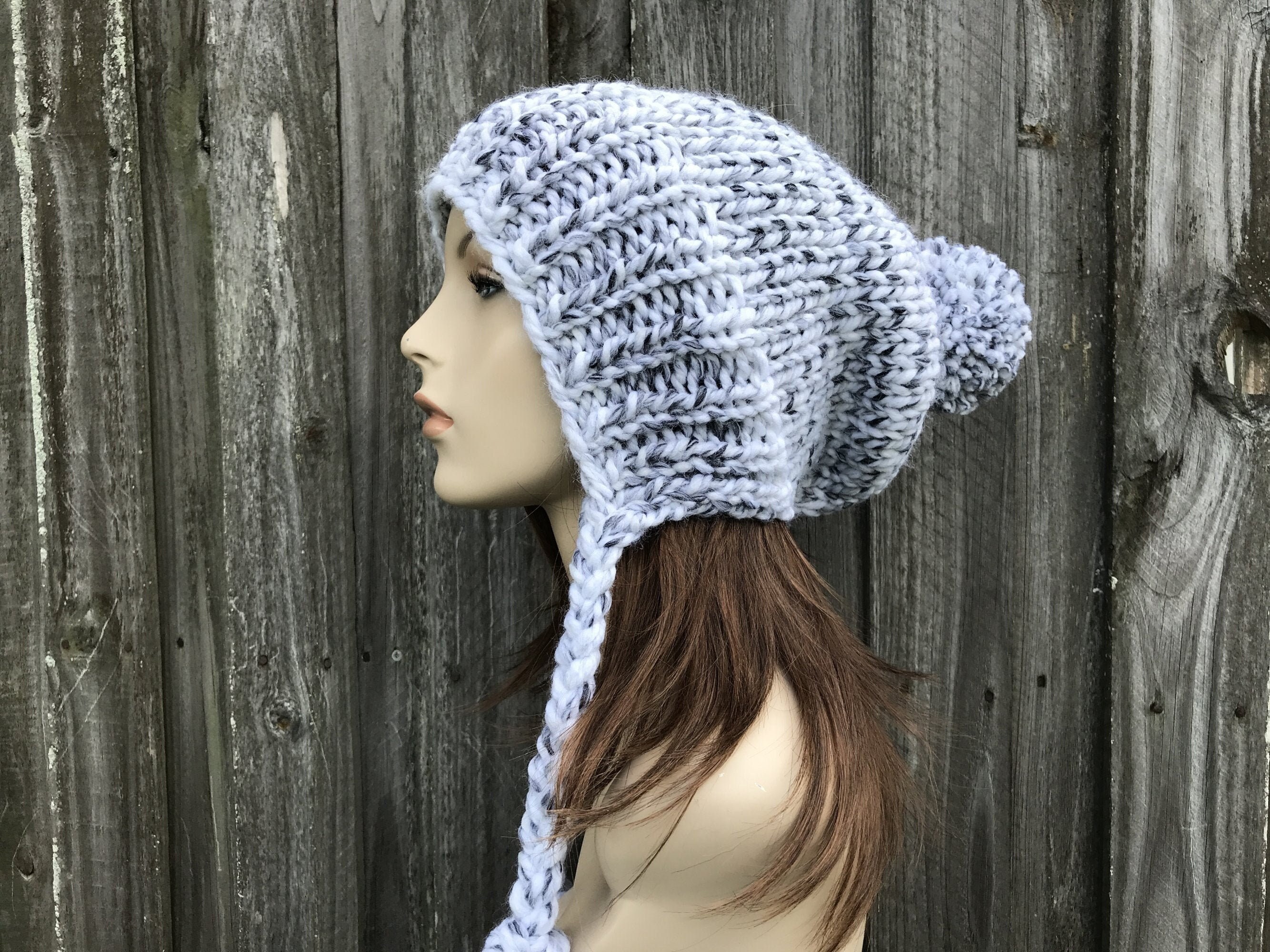Chunky Knit Hat, Mens Hat, Womens Hat, Knit Cap, Knit Beanie, Slouchy Hat, Charlotte Slouchy Beanie, White and Grey