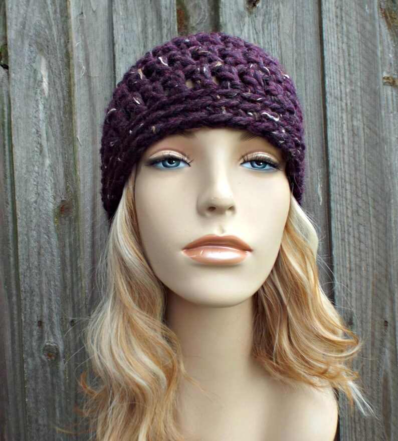 Crochet Womens Hat Mens Hat Raisin Tweed Purple Beanie Crochet Hat Women Warm Winter Hat