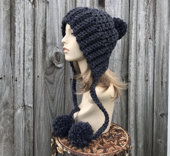 Chunky Crochet Hat, Crochet Beanie, Hat With Pom Poms, Womens Hat, Winter Hat, Earflap Hat, Crochet Bonnet, Starla Bonnet, Charcoal Grey - Etsy Chunky Crochet Hat, Crochet Beanie, Hat With Pom Poms, Womens Hat, Winter Hat, Earflap Hat, Crochet Bonnet, Starla Bonnet, Charcoal Grey - Etsy
