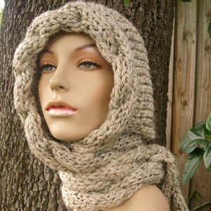 Chunky Knit Hood, Hooded Scarf, Knit Hat, Knit Scarf, Womens Hat, Womens Scarf, Cable Scarf, Cable Knit Hood, Winter Hat, Oatmeal