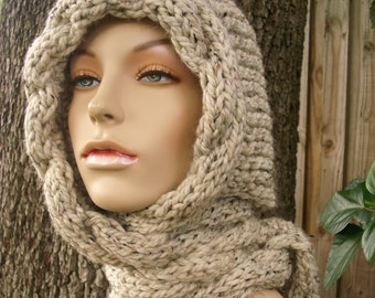 Chunky Knit Hood, Hooded Scarf, Knit Hat, Knit Scarf, Womens Hat, Womens Scarf, Cable Scarf, Cable Knit Hood, Winter Hat, Oatmeal