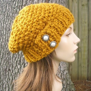 Hand Knit Beret, Chunky Knit Hat, Womens Hat, Mens Hat, Winter Hat, Knit Beanie, Knit Cap, Slouchy Beanie, Seed Beret, Mustard