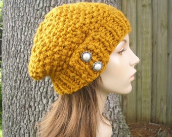 Hand Knit Beret, Chunky Knit Hat, Womens Hat, Mens Hat, Winter Hat, Knit Beanie, Knit Cap, Slouchy Beanie, Seed Beret, Mustard