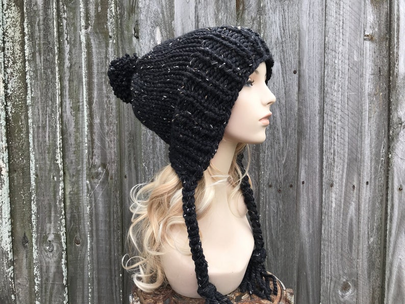 Obsidian Black Knit Beanie Winter Hat Charlotte Slouchy Hat Hat with Pom Pom Womens Beanie Chunky Knit Hat Mens Beanie
