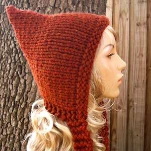 Chunky Knit Hat, Womens Hat, Mens Hat, Winter Hat, Pixie Hat, Pixie Hood, Knit Hood, Adult Bonnet, Spice Burnt Orange