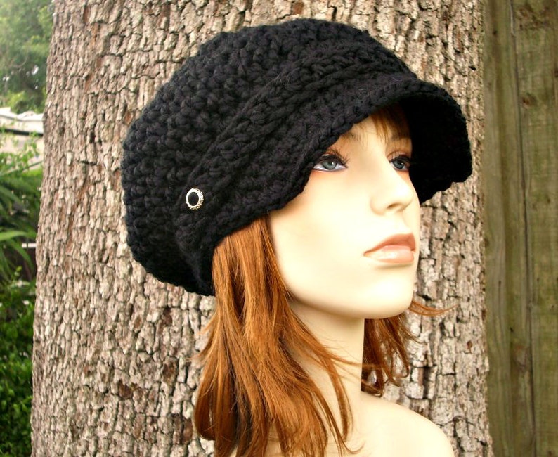 Chunky Crochet Hat, Womens Hat, Mens Hat, Winter Hat, Crochet Beanie, Crochet Cap, Slouchy Beanie, Newsboy Hat, Newsboy Cap, Black image 1