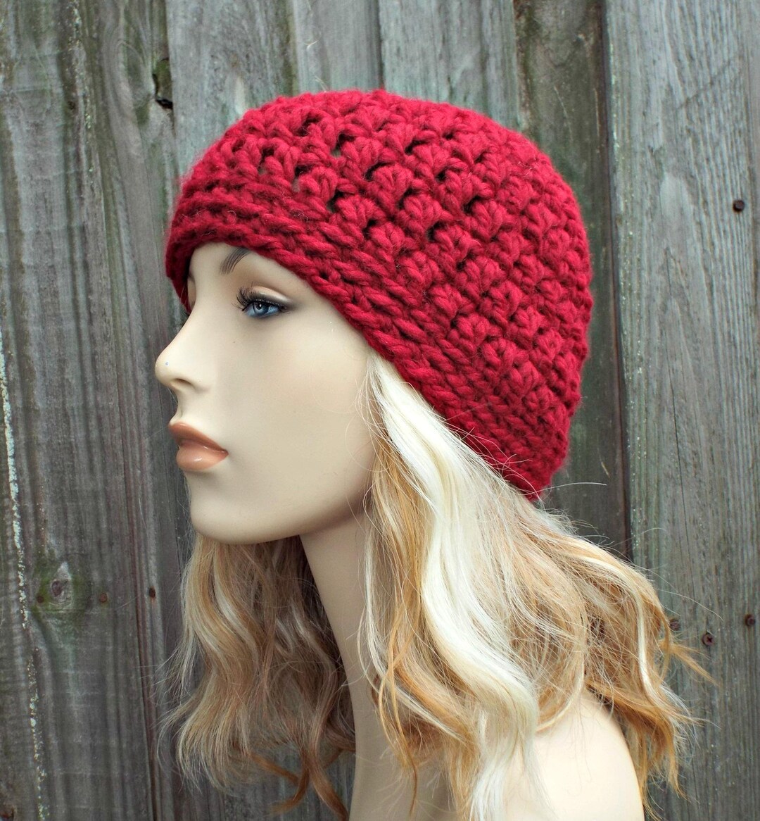 Handmade Beanie Textured Knit Chunky Cozy Crochet Sweater Winter Hat Red Womens Red Knit Hat Slouchy Beanie Women Red Wool Cape Cable Knit  main image 2