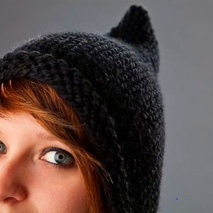 Hand Knit Pixie Hat, Witch Hat, Chunky Knit Hat, Womens Hat, Mens Hat, Winter Hat, Knit Hood, Pixie Hood, Black