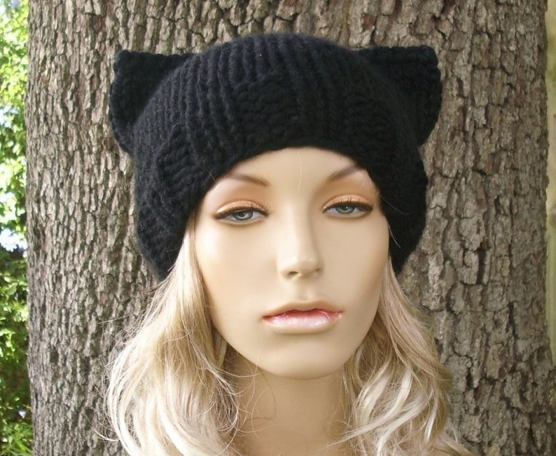 Knit Cat Hat Black Cat Hat Black Cat Beanie Black Knit Hat Black Womens Hat Black Hat Black Beanie Womens Accessories Winter Hat image 1