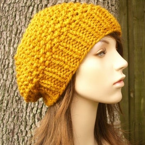 Chunky Knit Hat, Womens Hat, Mens Hat, Winter Hat, Knit Beret, Knit Beanie, Knit Cap, Slouchy Hat, Slouchy Beanie, Seed Beret, Butterscotch