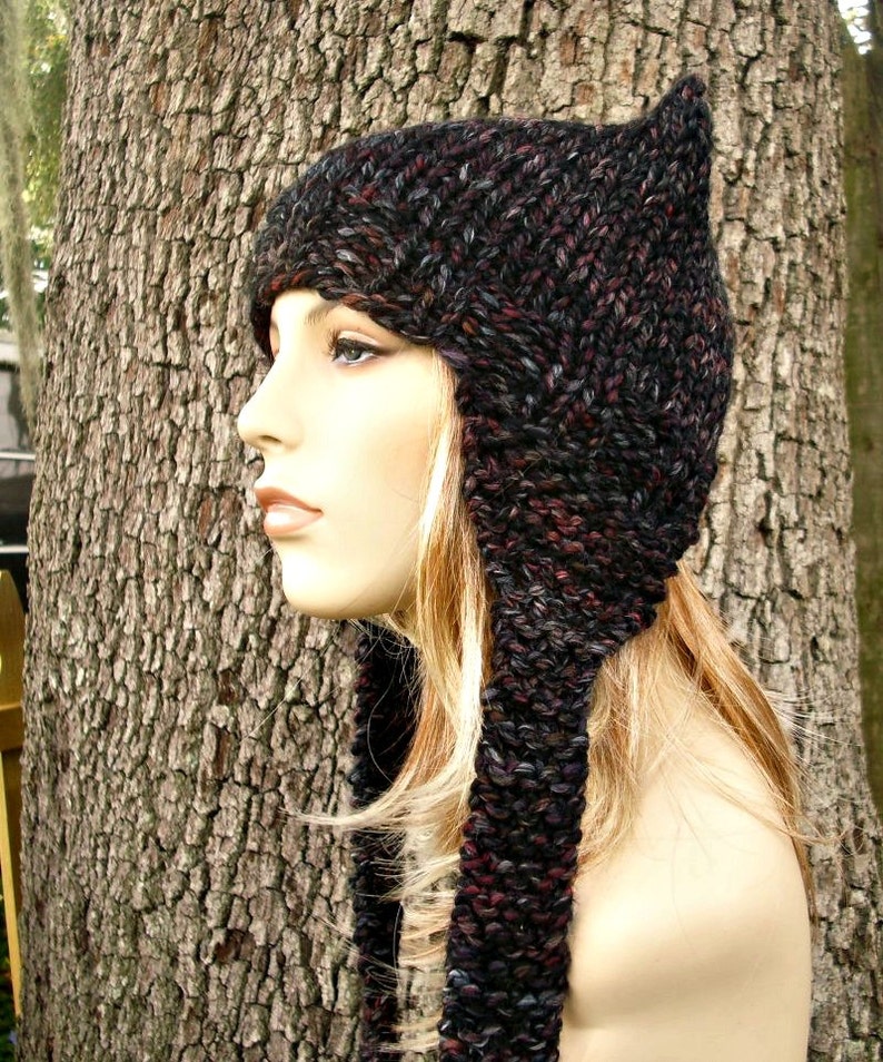 Knit Hat Womens Hat Ear Flap Hat Cat Hat in Black Grey Maroon Knit Hat Blackstone Hat Ear Hat Winter Hat image 3