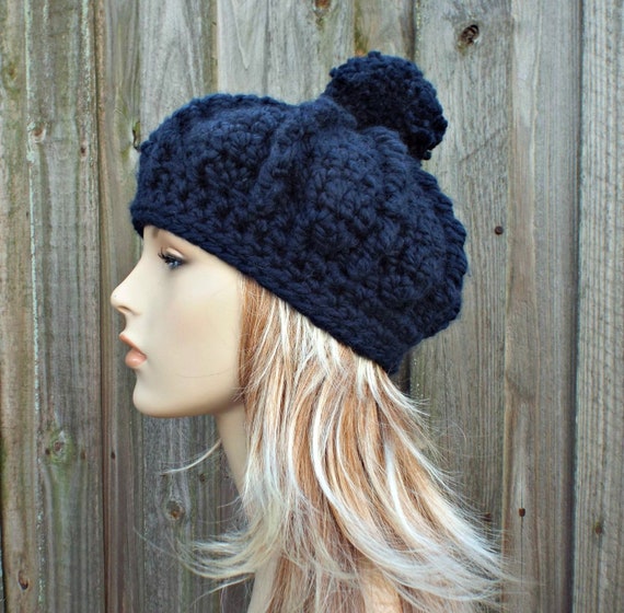 Oversized Crochet Beret With Pom Pom, Chunky Crochet Hat