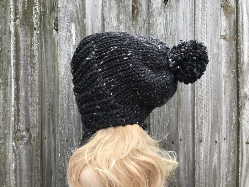 Obsidian Black Knit Beanie Winter Hat Charlotte Slouchy Hat Hat with Pom Pom Womens Beanie Chunky Knit Hat Mens Beanie