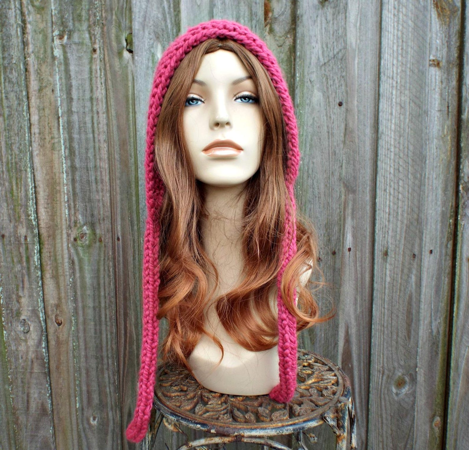 Womens Winter Hat Raspberry Pink Knit Hat Aviator Adult Etsy