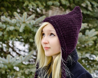 Knitted Hat Pattern Pixie Hat Knitting Pattern - Chunky Knit Hat Womens Winter Hats Woodland Hooded Bonnet Knit Beanie