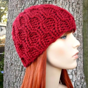 Chunky Cable Knit Hat for Men, Women and Teens Cranberry Red Fitted Winter Beanie image 1