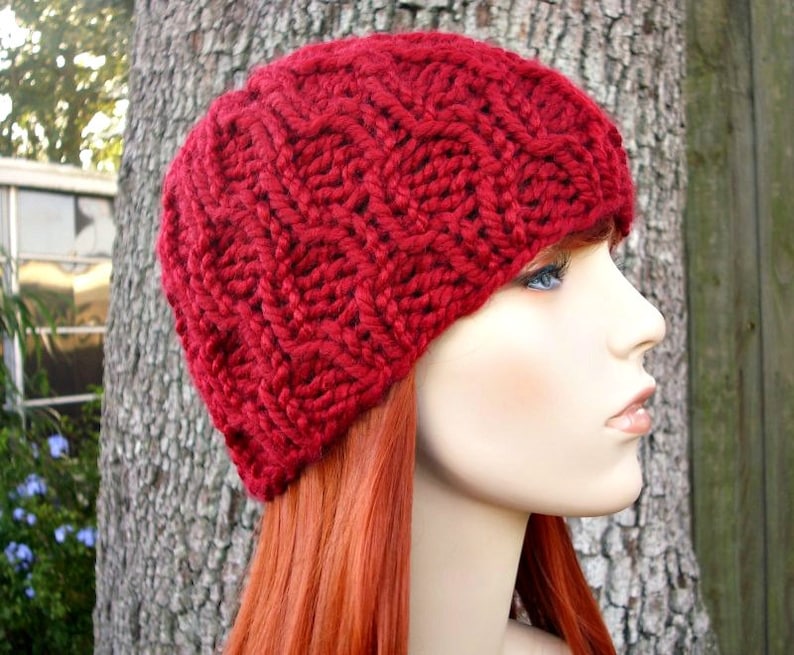 Chunky Cable Knit Hat for Men, Women and Teens Cranberry Red Fitted Winter Beanie image 1