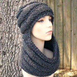 Chunky Knit Hat, Knit Cowl, Womens Hat, Womens Cowl, Mens Hat, Mens Cowl, Winter Hat, Zhivago Cowl Hat Combination, Charcoal Grey