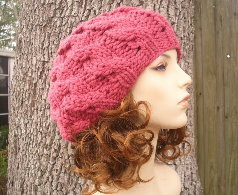 Raspberry Beret Cable Knit Hat Womens Hat Winter Hat - Etsy