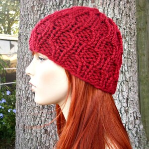 Chunky Cable Knit Hat for Men, Women and Teens Cranberry Red Fitted Winter Beanie image 2