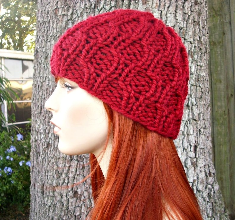 Chunky Cable Knit Hat for Men, Women and Teens Cranberry Red Fitted Winter Beanie image 2