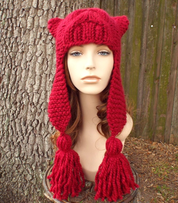 Cranberry Red Ear Flap Hat Womens Hat Tassel Dragon Red Knit Etsy