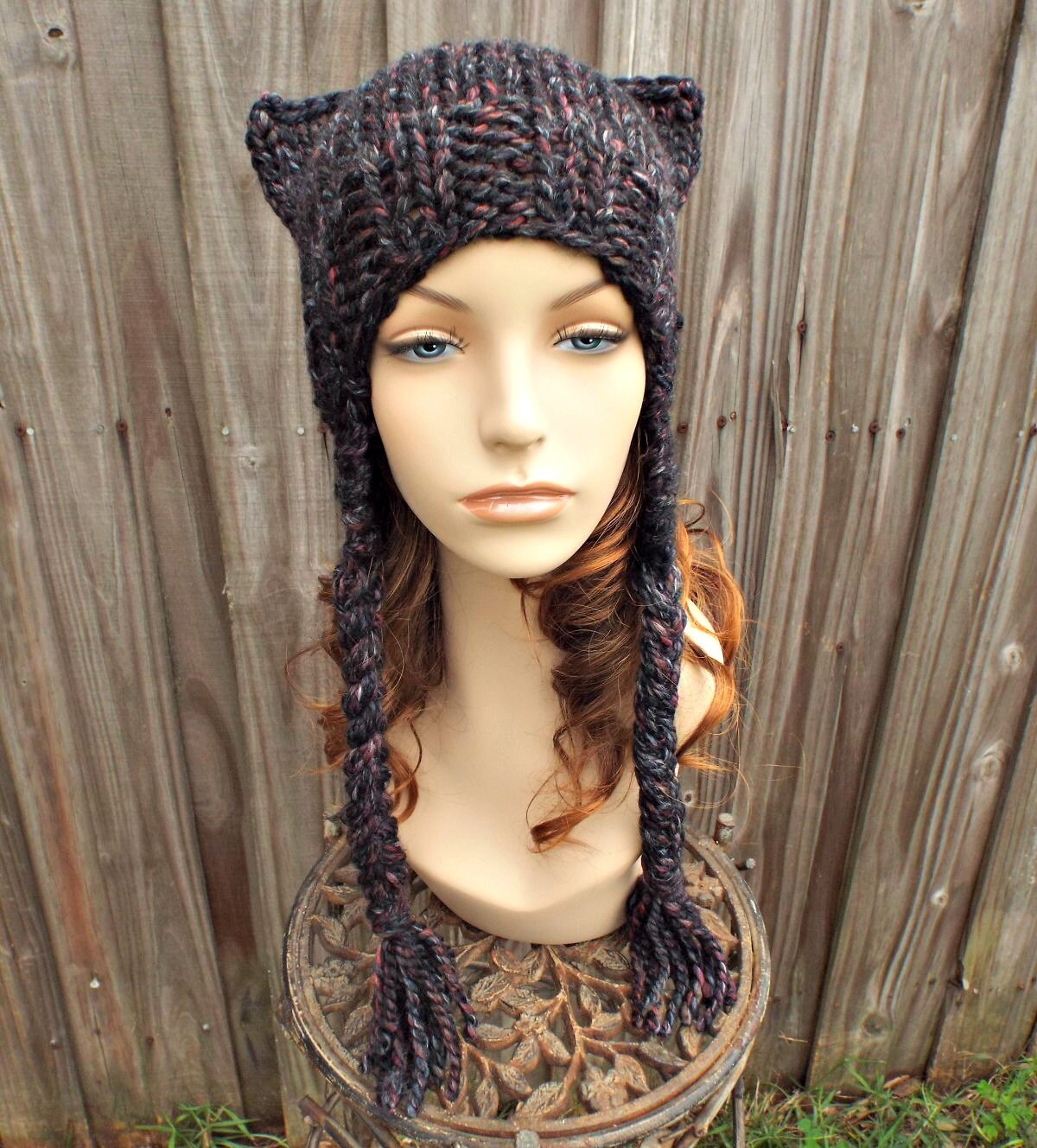 Knit Hat Womens Hat - Braided Ear Flap Hat Cat Hat in Black Wine