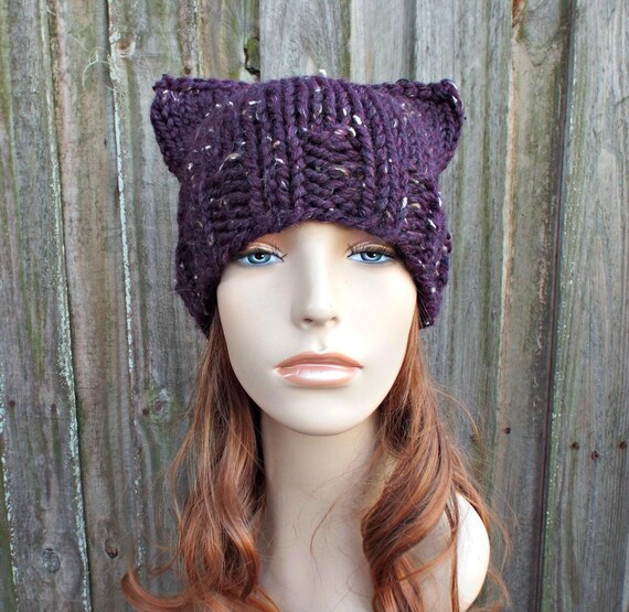Chunky Knit Hat, Womens Hat, Mens Hat, Winter Hat, Knit Beanie, Knit Cap, Cat  Hat, Cat Beanie, Cat Ear Hat, Raisin Purple 