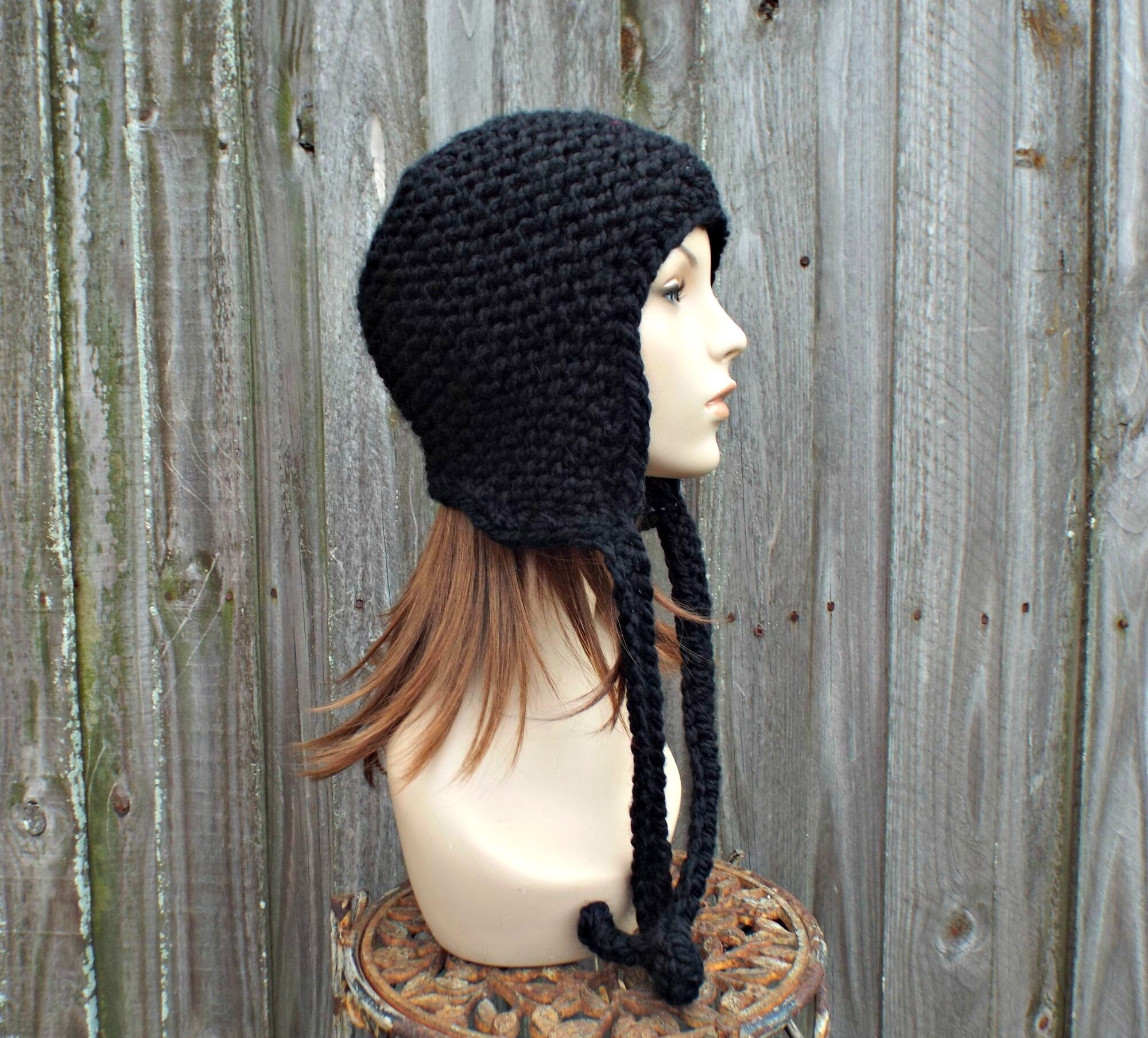 Chunky Knit Hats Mens Hat Womens Hat Winter Hat Beanie Hat Ear Flap Hat Earflap Hat Black
