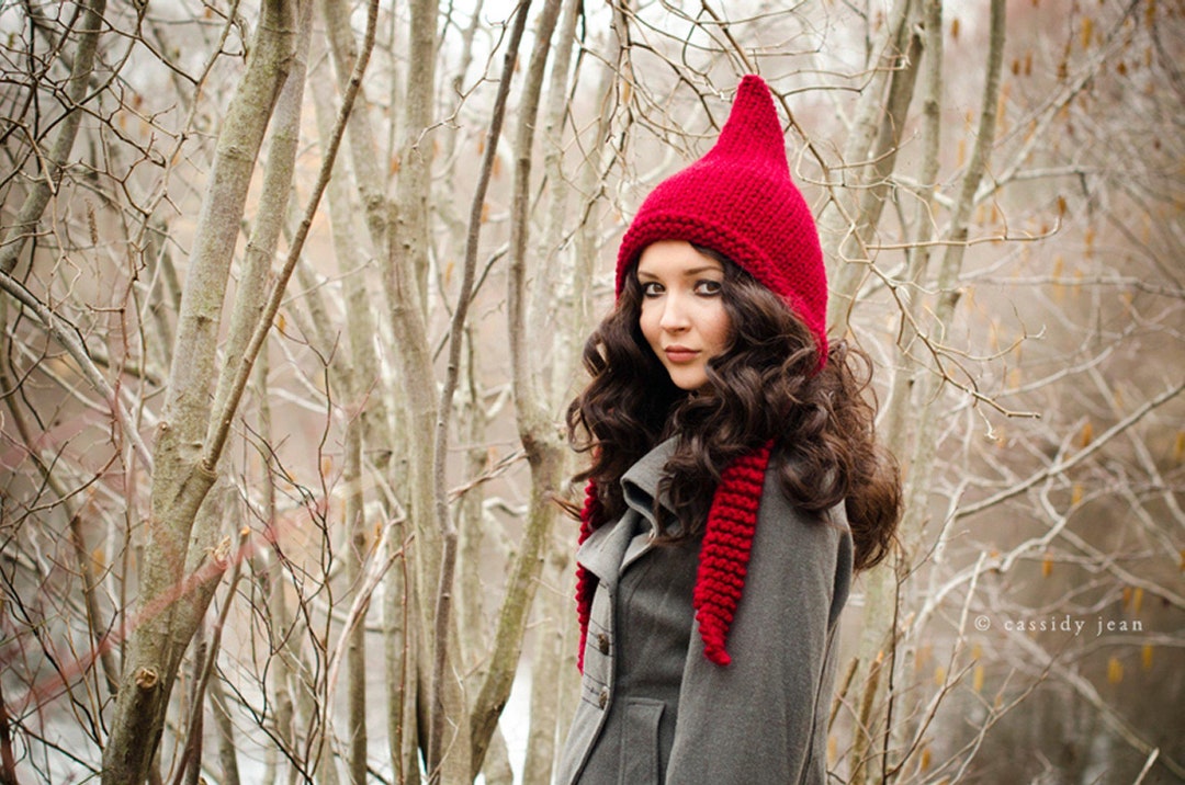 Cranberry Red Pixie Hat, Elf Hood, Knit Hood, Chunky Knit Hat