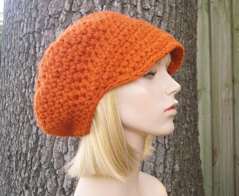 Chunky Crochet Hat with Brim, Womens Hat, Mens Hat, Winter Hat, Slouchy Beanie, Crochet Cap, Newsboy Hat, Newsboy Cap, Pumpkin Orange image 3