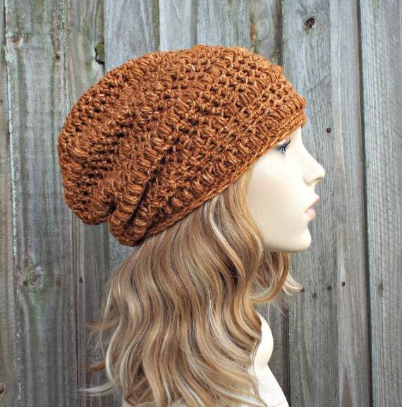 Women\'s Crochet Knitted Style Beanie Slouchy Hat Brown Crochet Slouchy Hat | Warm Winter Beanie | Brown Bulky  main image 3