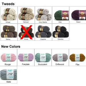Puede incluir: Hilo Wool-Ease en una variedad de colores tweed, incluyendo Trigo, Avena, M&aacute;rmol Gris, Col rizado, Pasas, Cebada, Grafito y Obsidiana. Los nuevos colores incluyen Rojo, Cuento de hadas, Suculento, Madera a la deriva, Lino y Pizarra.